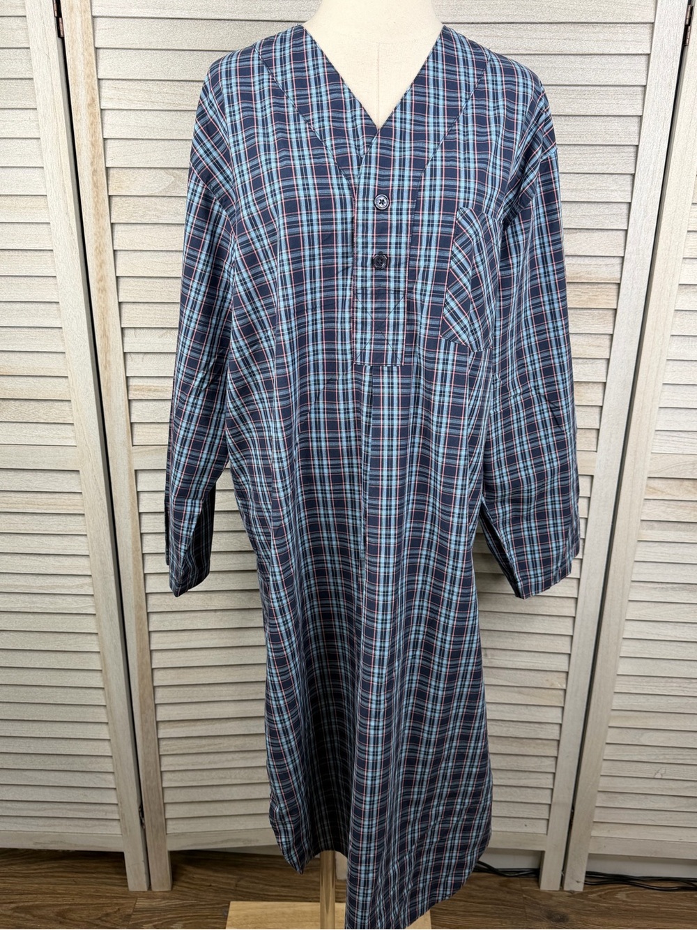 STAFFORD Men's Regular Fit Blue Plaid Long Sleeve Lightweight Nightshirt-Medium